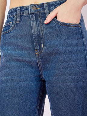 Blue Whisker Front Seam High Waist Straight Jeans-SASSAFRAS