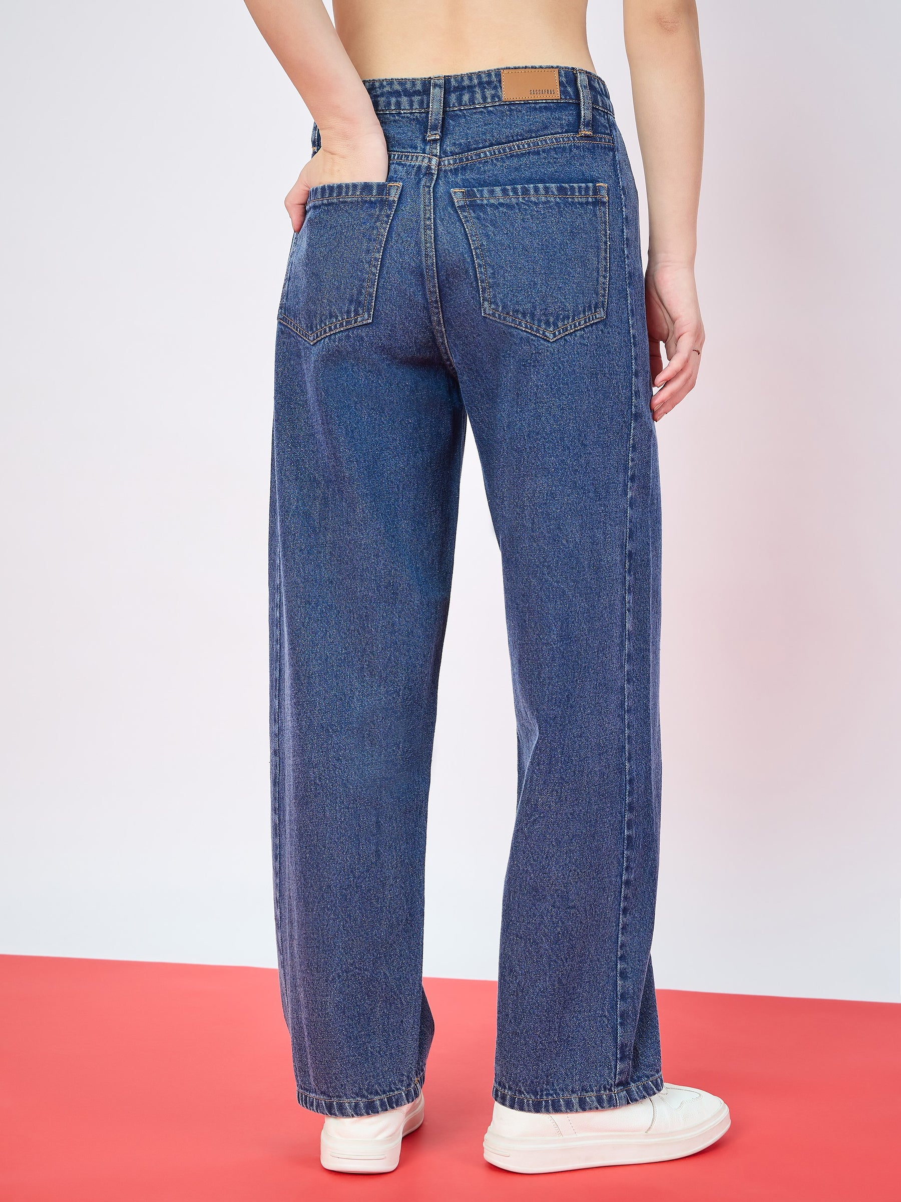 Blue Whisker Front Seam High Waist Straight Jeans-SASSAFRAS