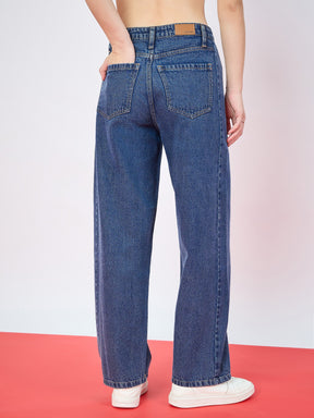 Blue Whisker Front Seam High Waist Straight Jeans-SASSAFRAS