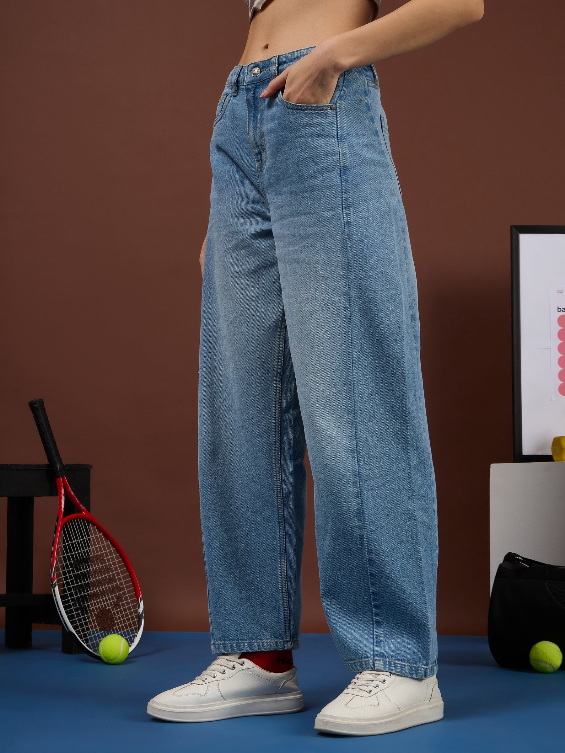 Ice Blue Whisker Front Seam High Waist Straight Jeans-SASSAFRAS