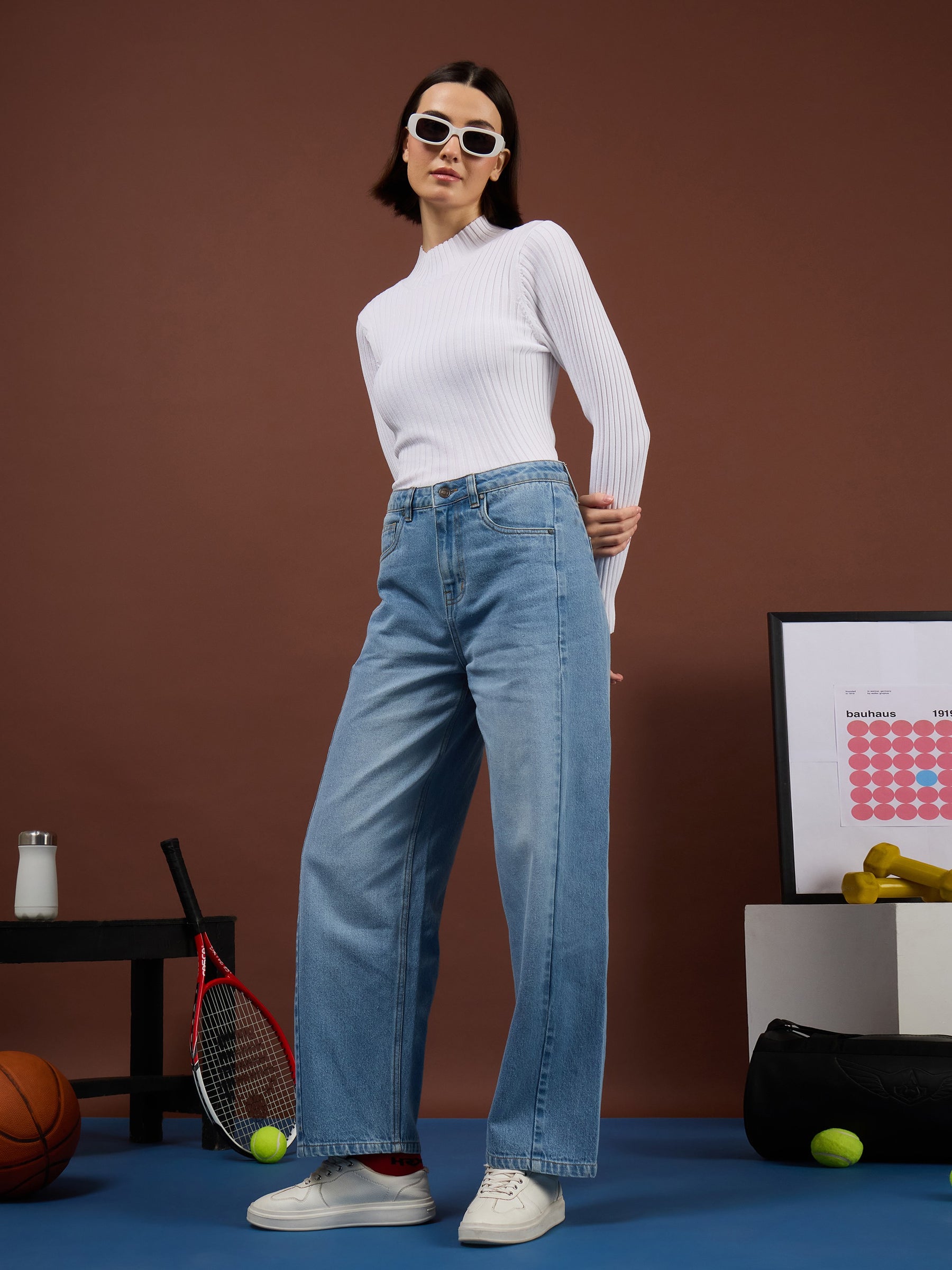 Ice Blue Whisker Front Seam High Waist Straight Jeans-SASSAFRAS