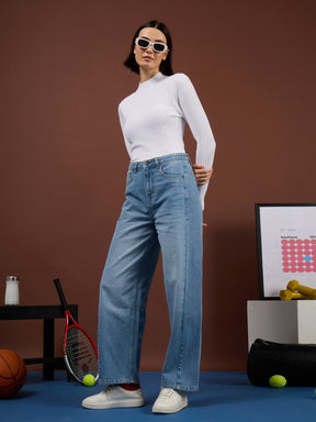 Ice Blue Whisker Front Seam High Waist Straight Jeans-SASSAFRAS