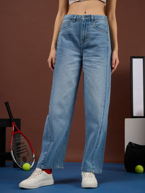 Ice Blue Whisker Front Seam High Waist Straight Jeans-SASSAFRAS