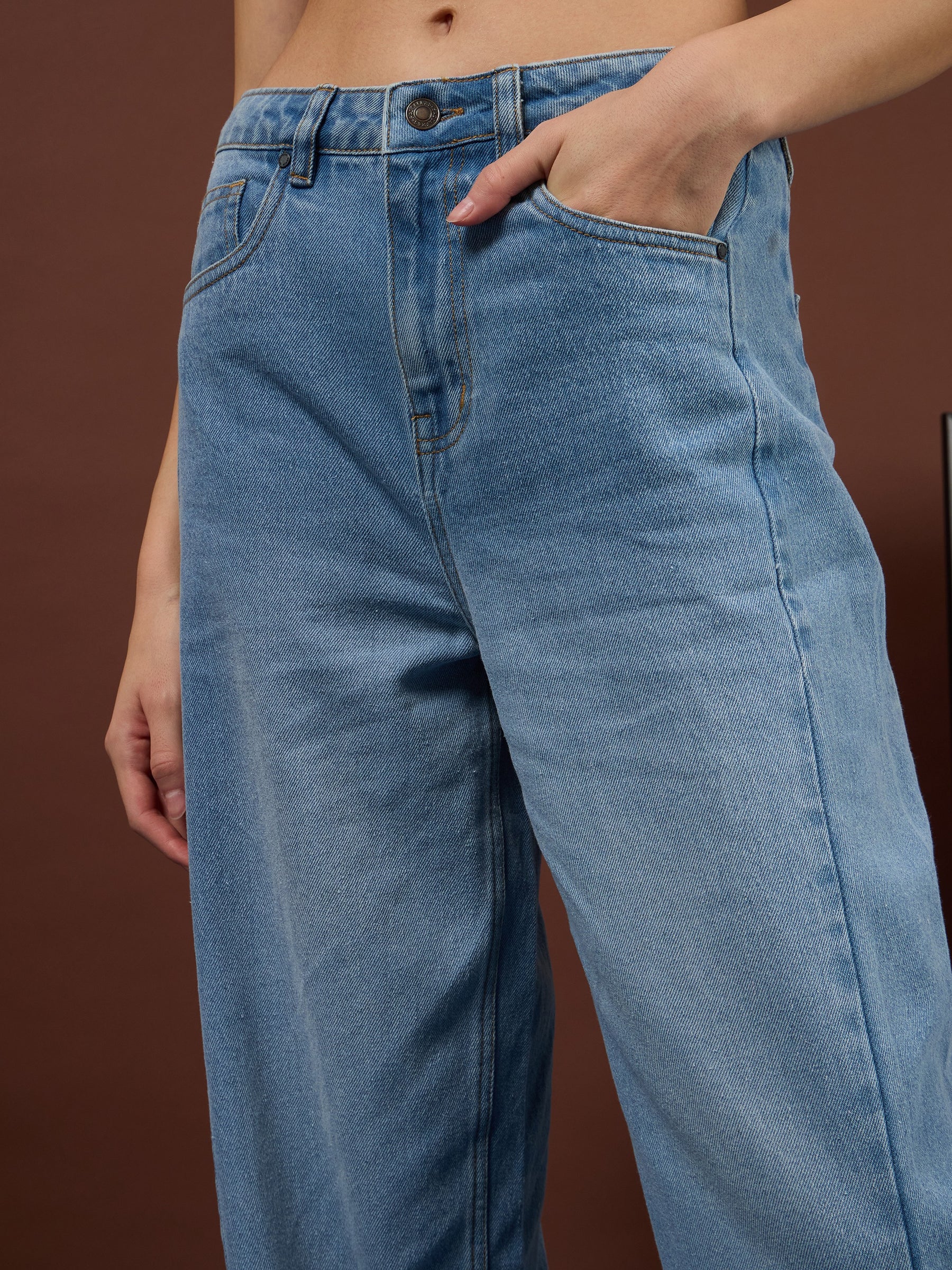 Ice Blue Whisker Front Seam High Waist Straight Jeans-SASSAFRAS