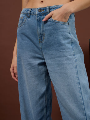 Ice Blue Whisker Front Seam High Waist Straight Jeans-SASSAFRAS