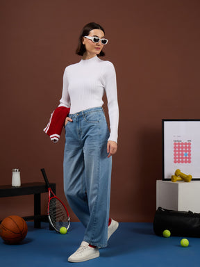 Ice Blue Whisker Front Seam High Waist Straight Jeans-SASSAFRAS