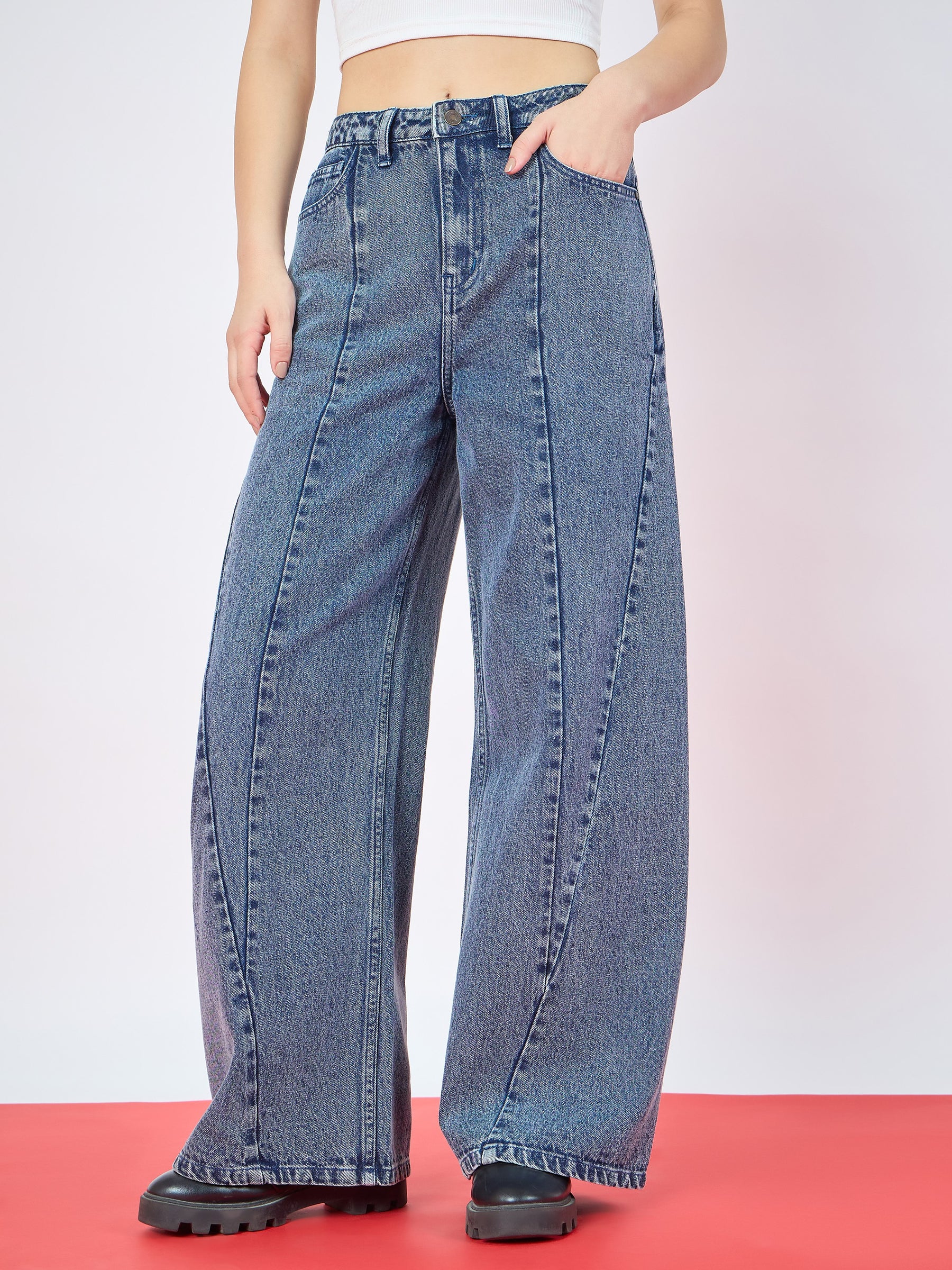Blue Blast Seam Details Baggy Jeans-SASSAFRAS