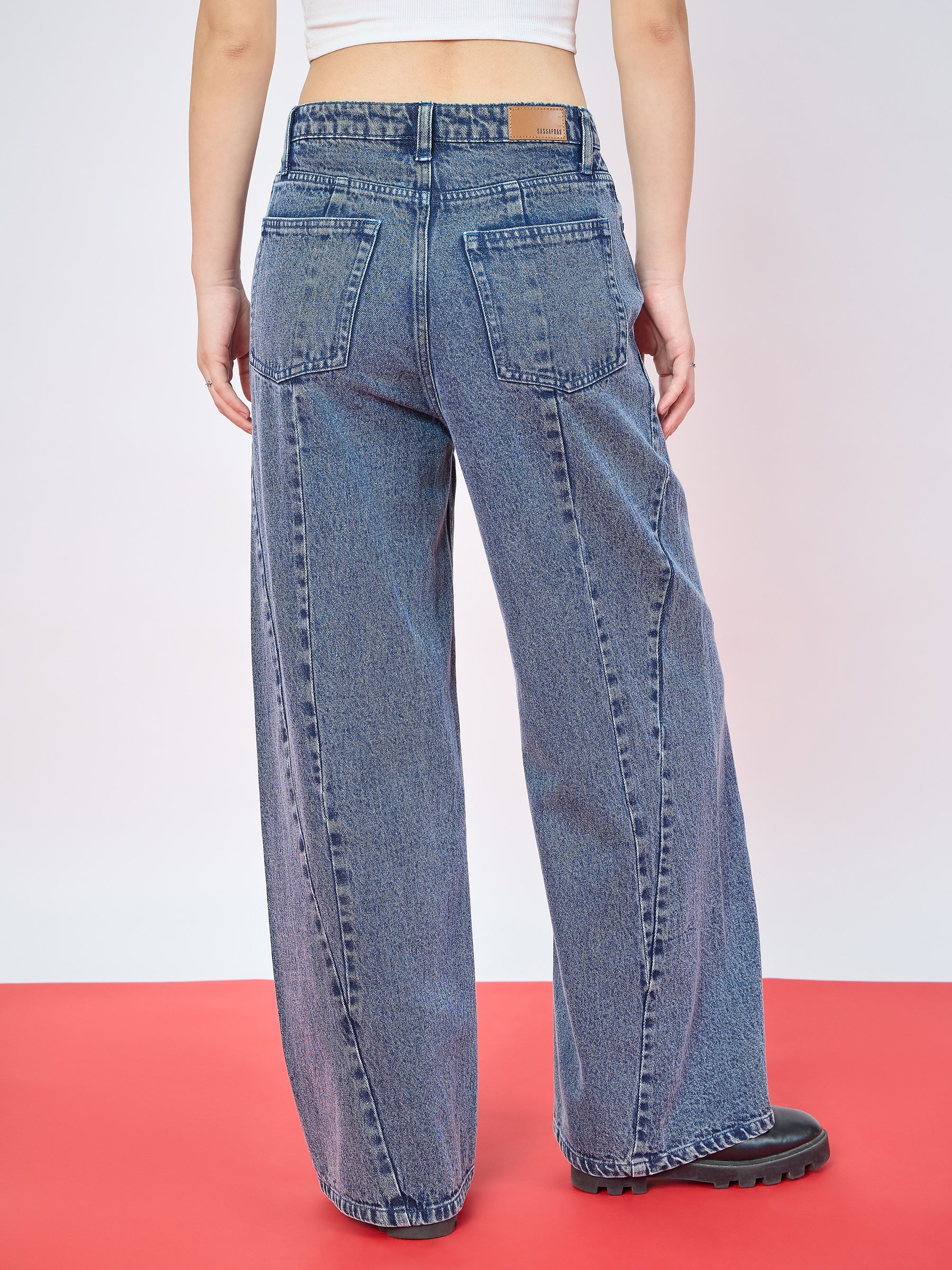 Blue Blast Seam Details Baggy Jeans-SASSAFRAS