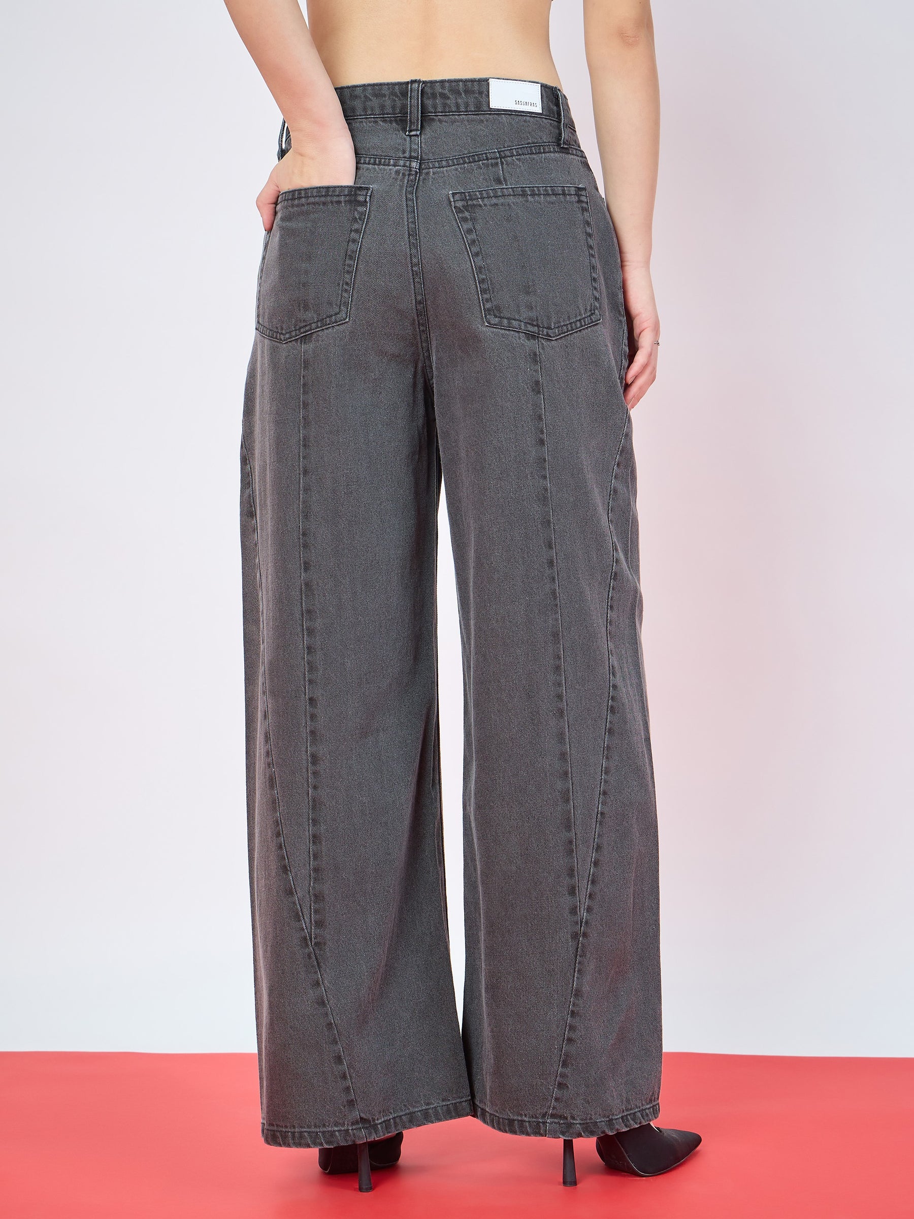 Black Wash Seam Details Baggy Jeans-SASSAFRAS