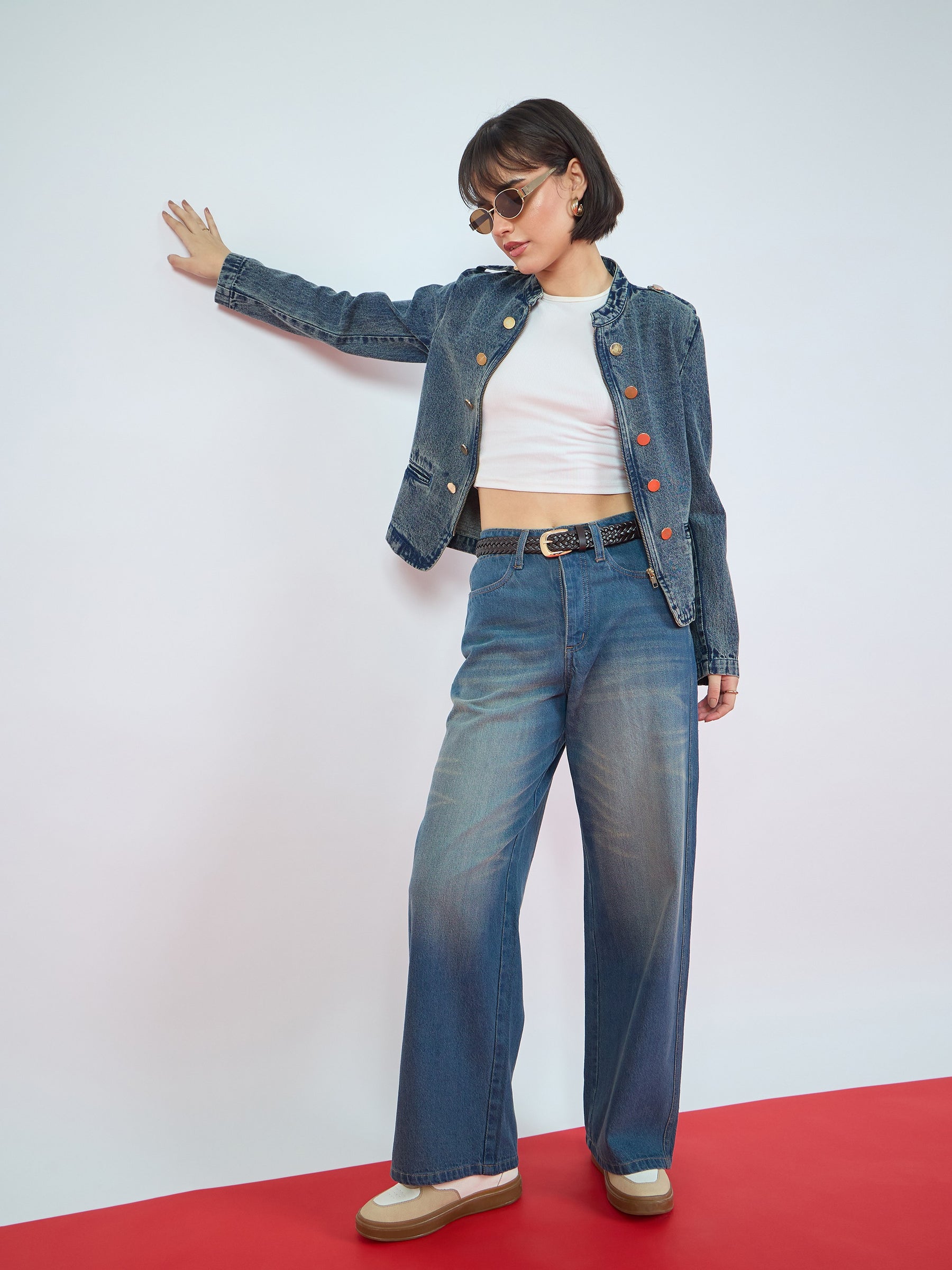 Blue Whisker Wash High Waist Straight Jeans-SASSAFRAS
