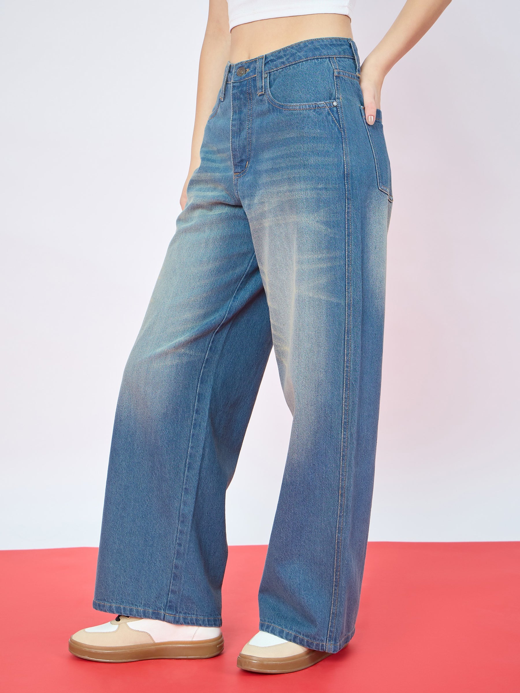 Blue Whisker Wash High Waist Straight Jeans-SASSAFRAS