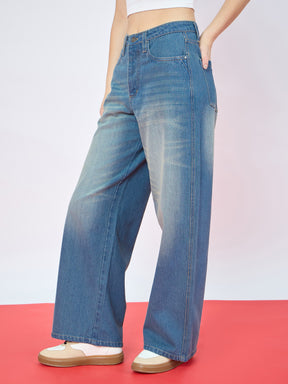 Blue Whisker Wash High Waist Straight Jeans-SASSAFRAS