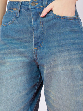 Blue Whisker Wash High Waist Straight Jeans-SASSAFRAS