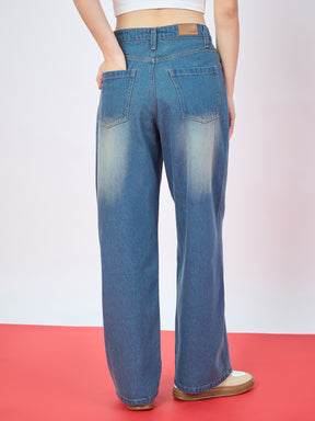 Blue Whisker Wash High Waist Straight Jeans-SASSAFRAS