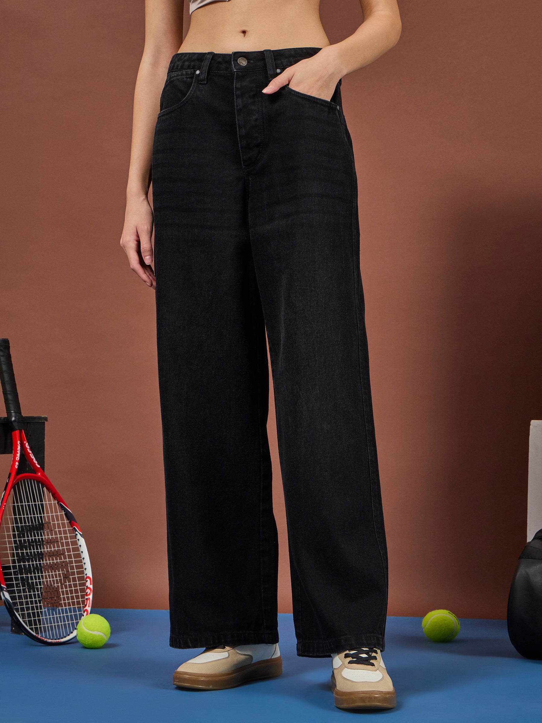 Black Whisker Wash High Waist Straight Jeans-SASSAFRAS