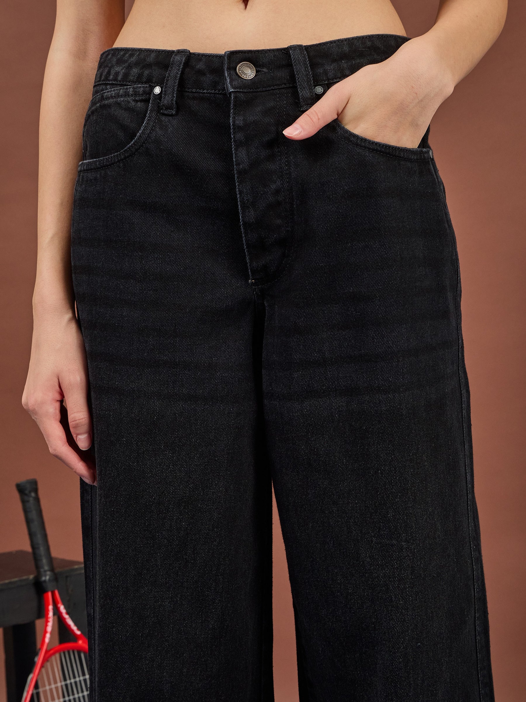 Black Whisker Wash High Waist Straight Jeans-SASSAFRAS