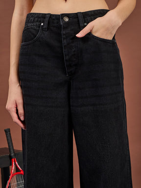 Black Whisker Wash High Waist Straight Jeans-SASSAFRAS
