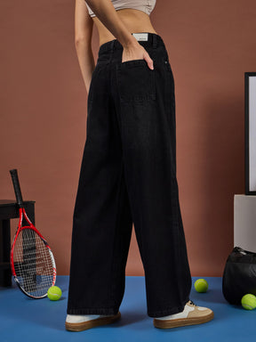 Black Whisker Wash High Waist Straight Jeans-SASSAFRAS
