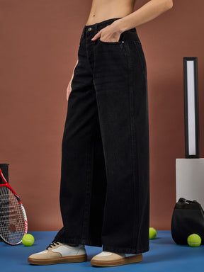 Black Whisker Wash High Waist Straight Jeans-SASSAFRAS