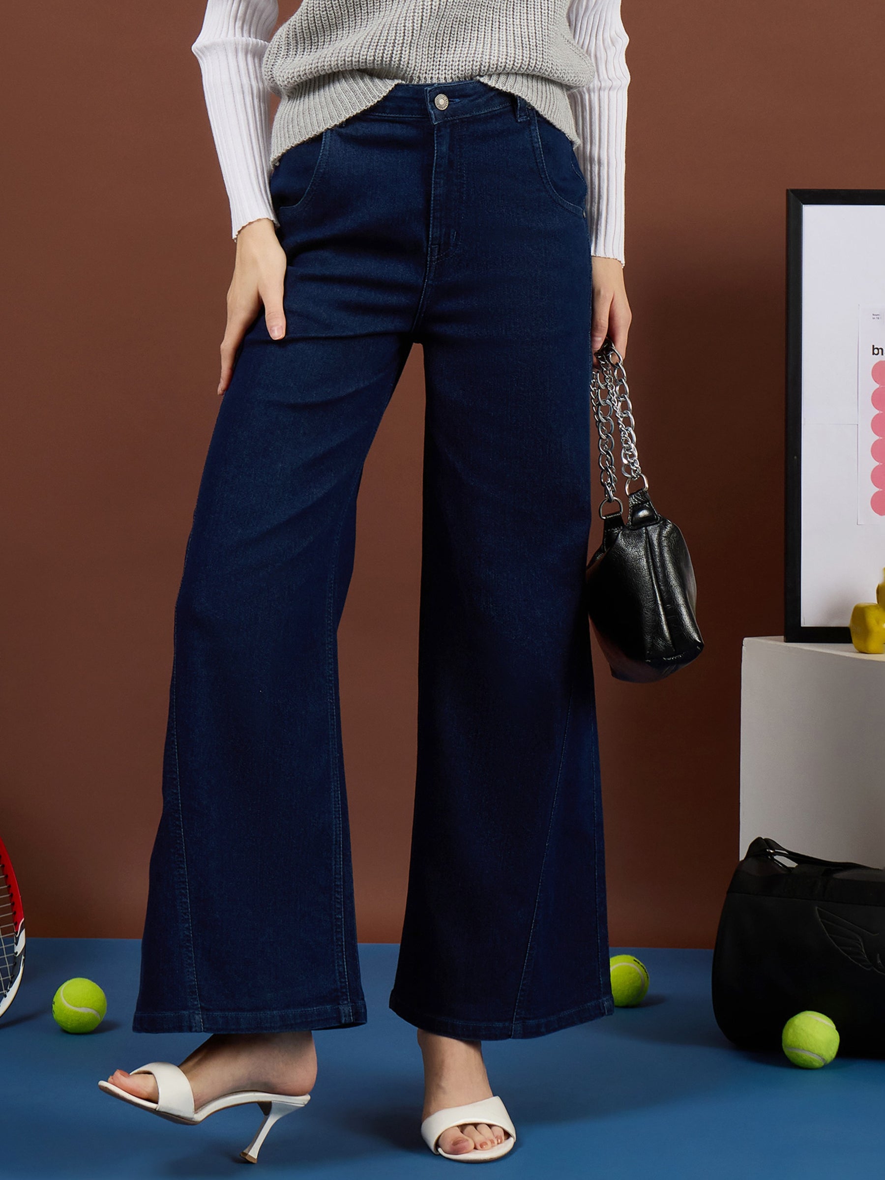Navy Blue Seam Details Wide Leg Jeans-SASSAFRAS