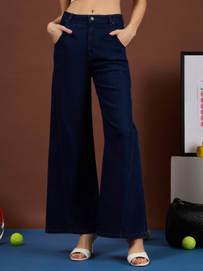 Navy Blue Seam Details Wide Leg Jeans-SASSAFRAS