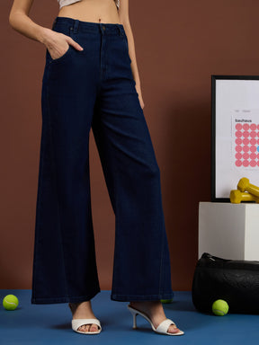 Navy Blue Seam Details Wide Leg Jeans-SASSAFRAS