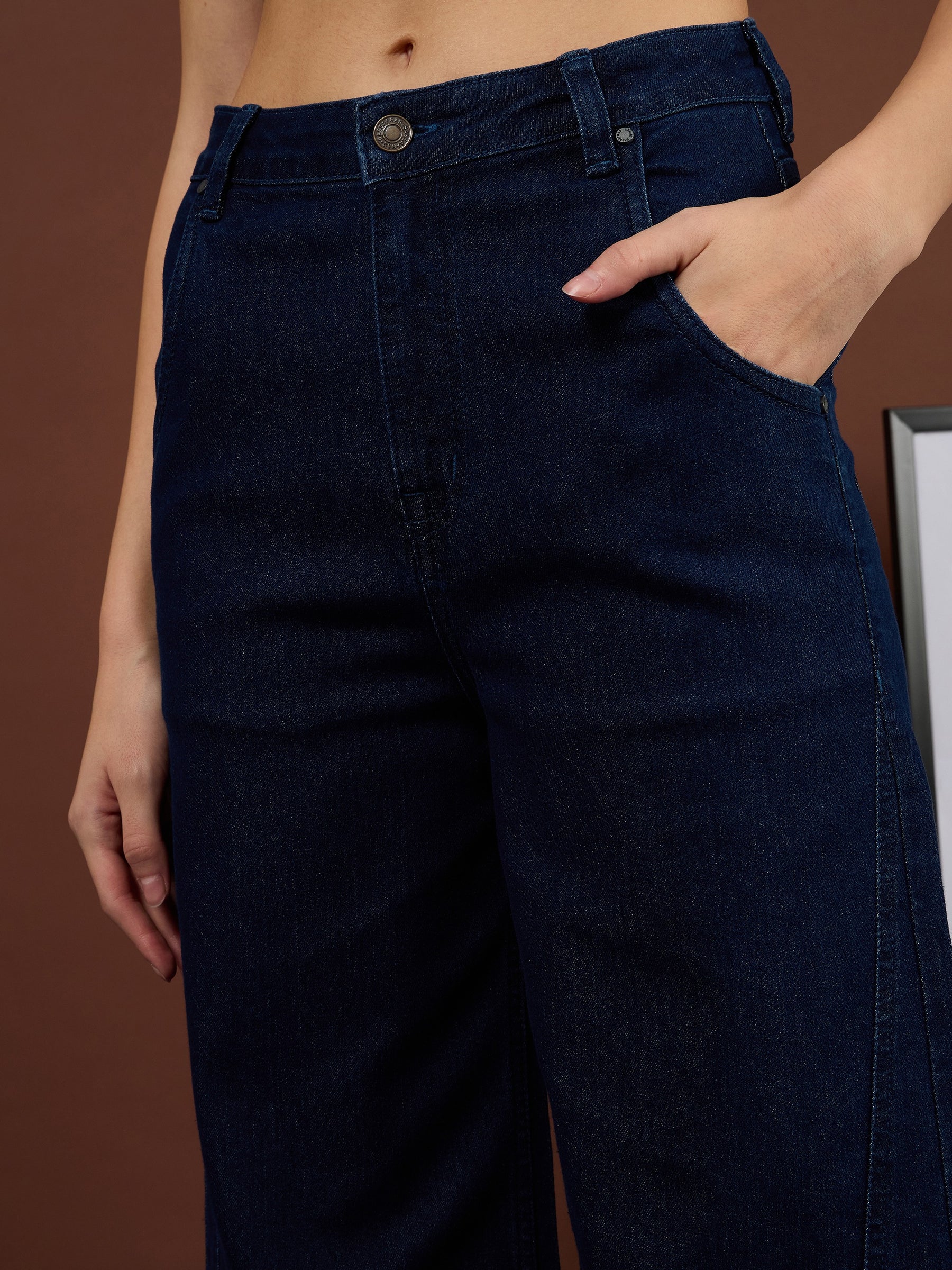 Navy Blue Seam Details Wide Leg Jeans-SASSAFRAS