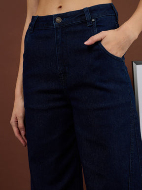 Navy Blue Seam Details Wide Leg Jeans-SASSAFRAS