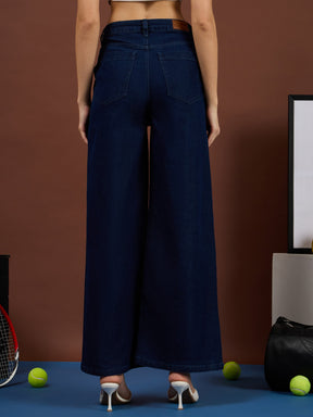 Navy Blue Seam Details Wide Leg Jeans-SASSAFRAS