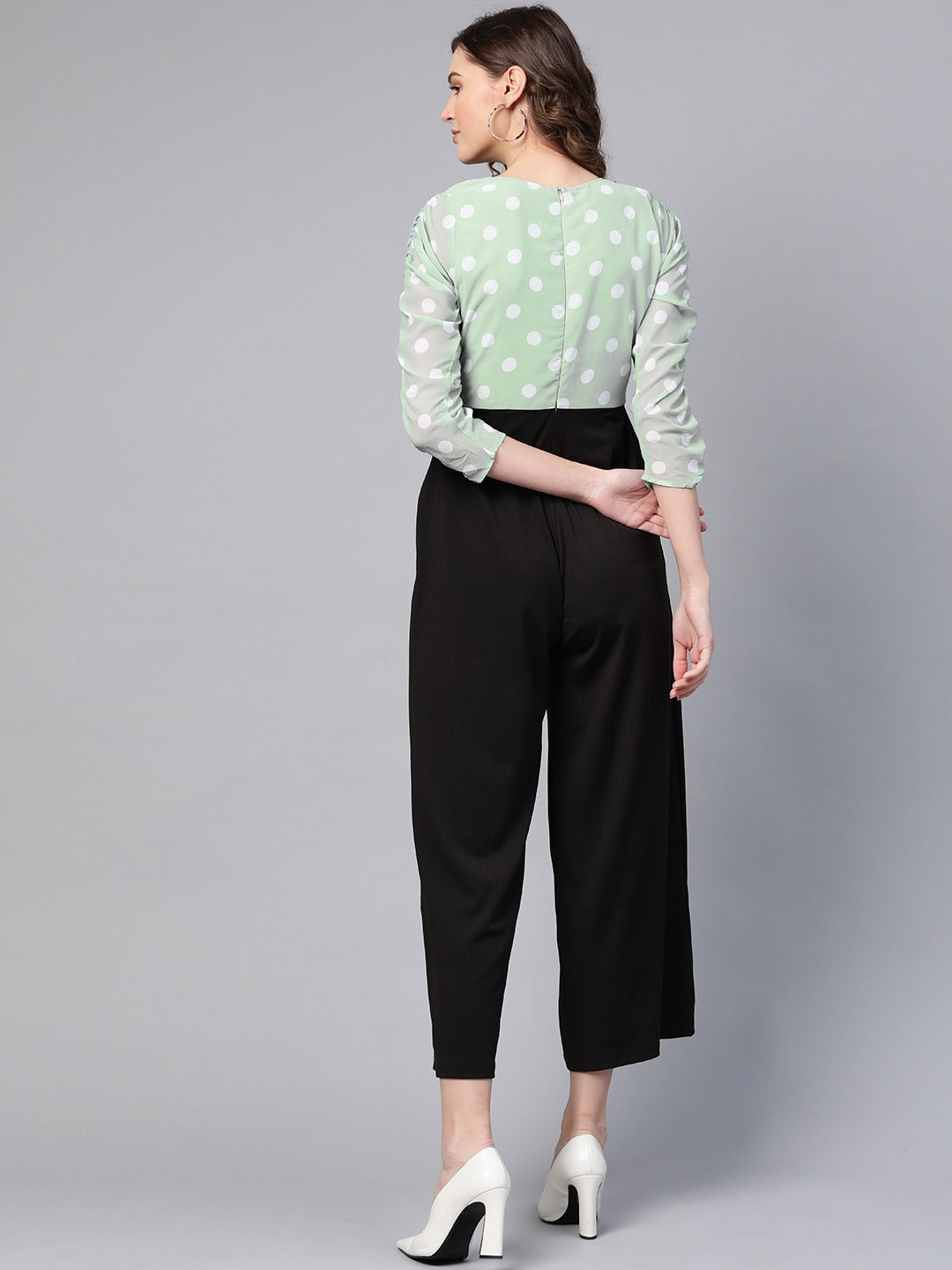 Sea Green Polka Dot Sleeve Rouching Jumpsuit-SASSAFRAS