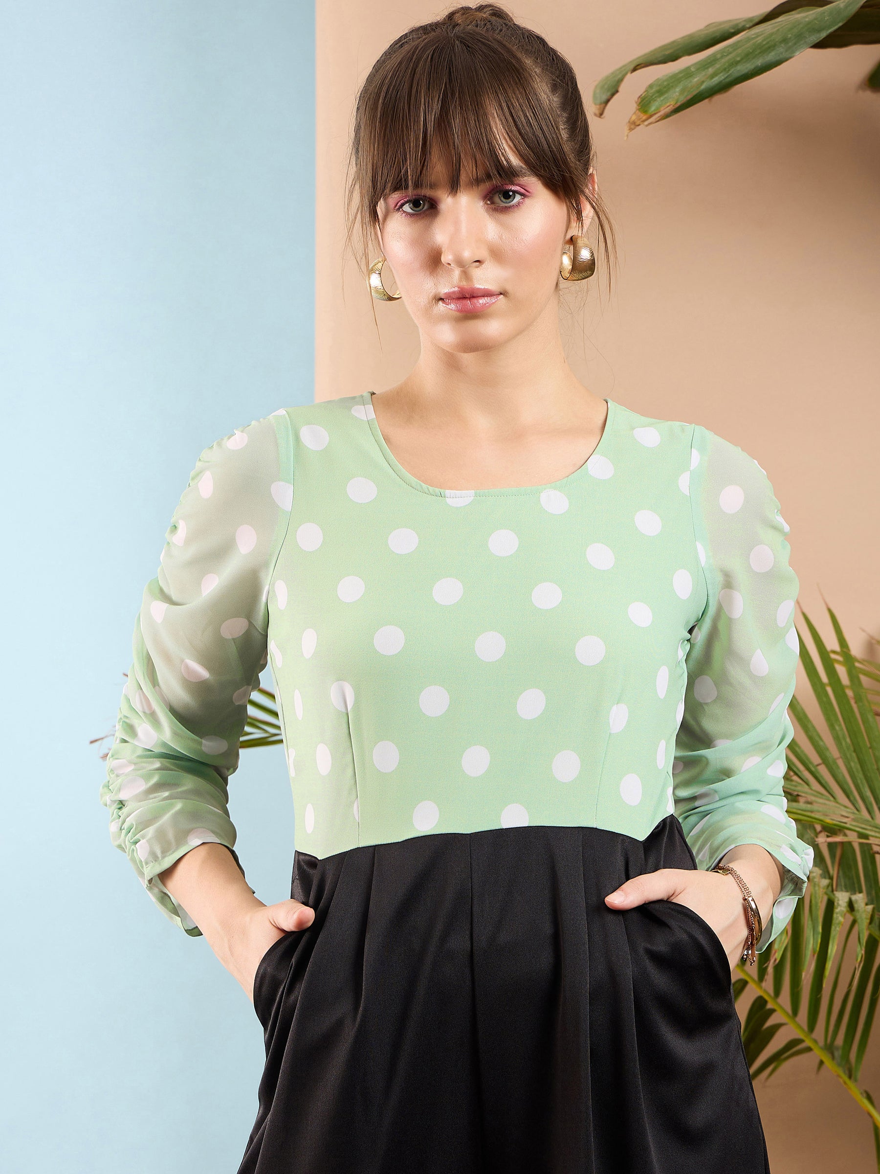 Sea Green Polka Dot Sleeve Rouching Jumpsuit