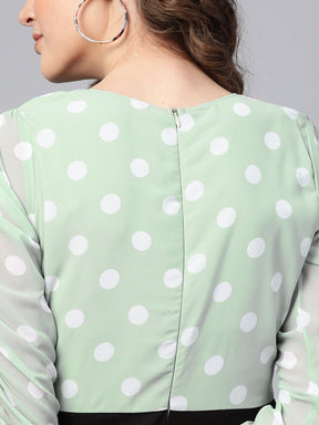 Sea Green Polka Dot Sleeve Rouching Jumpsuit-SASSAFRAS