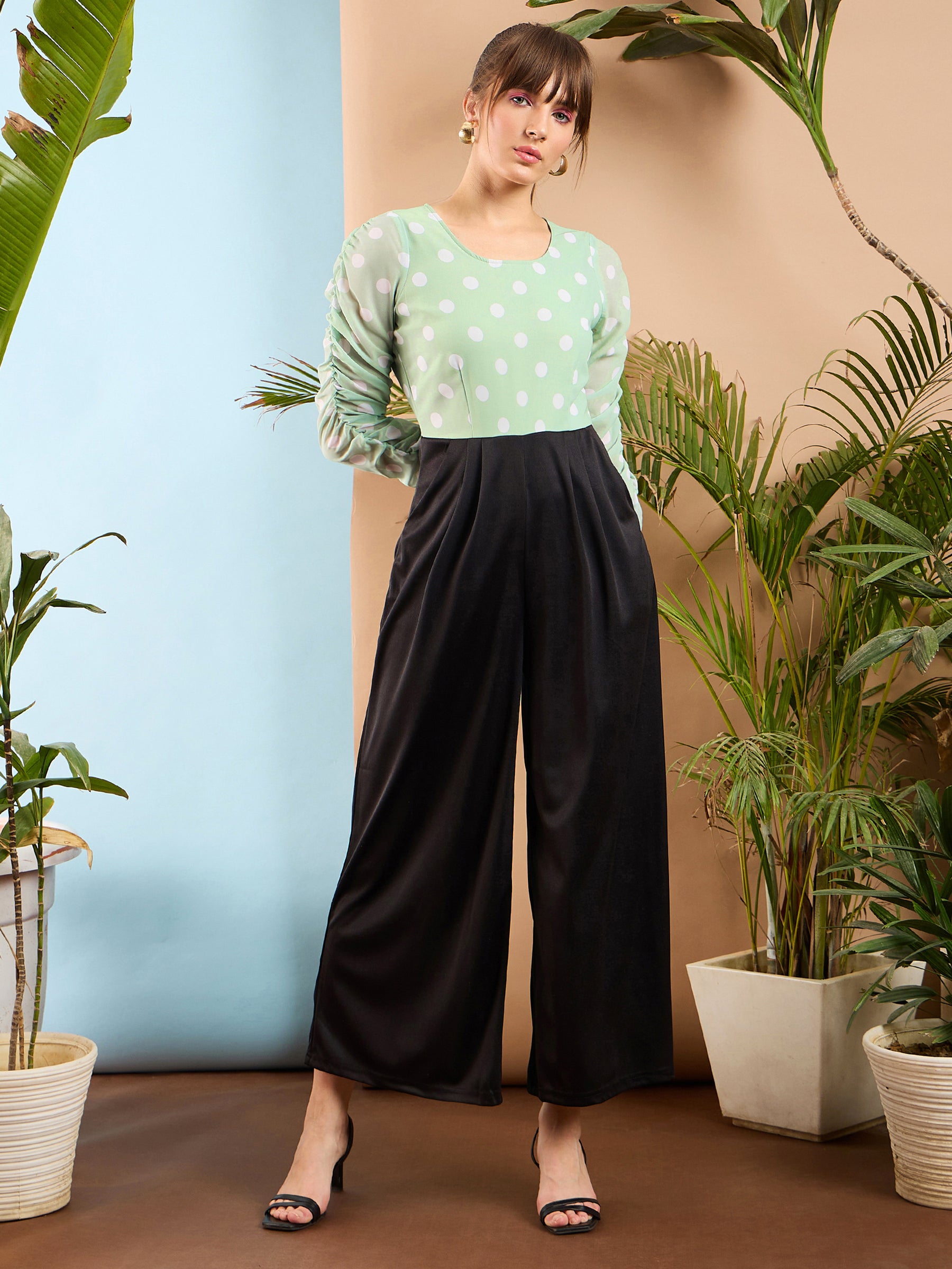 Sea Green Polka Dot Sleeve Rouching Jumpsuit