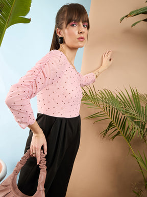 Pink Polka Dot Sleeve Rouching Jumpsuit