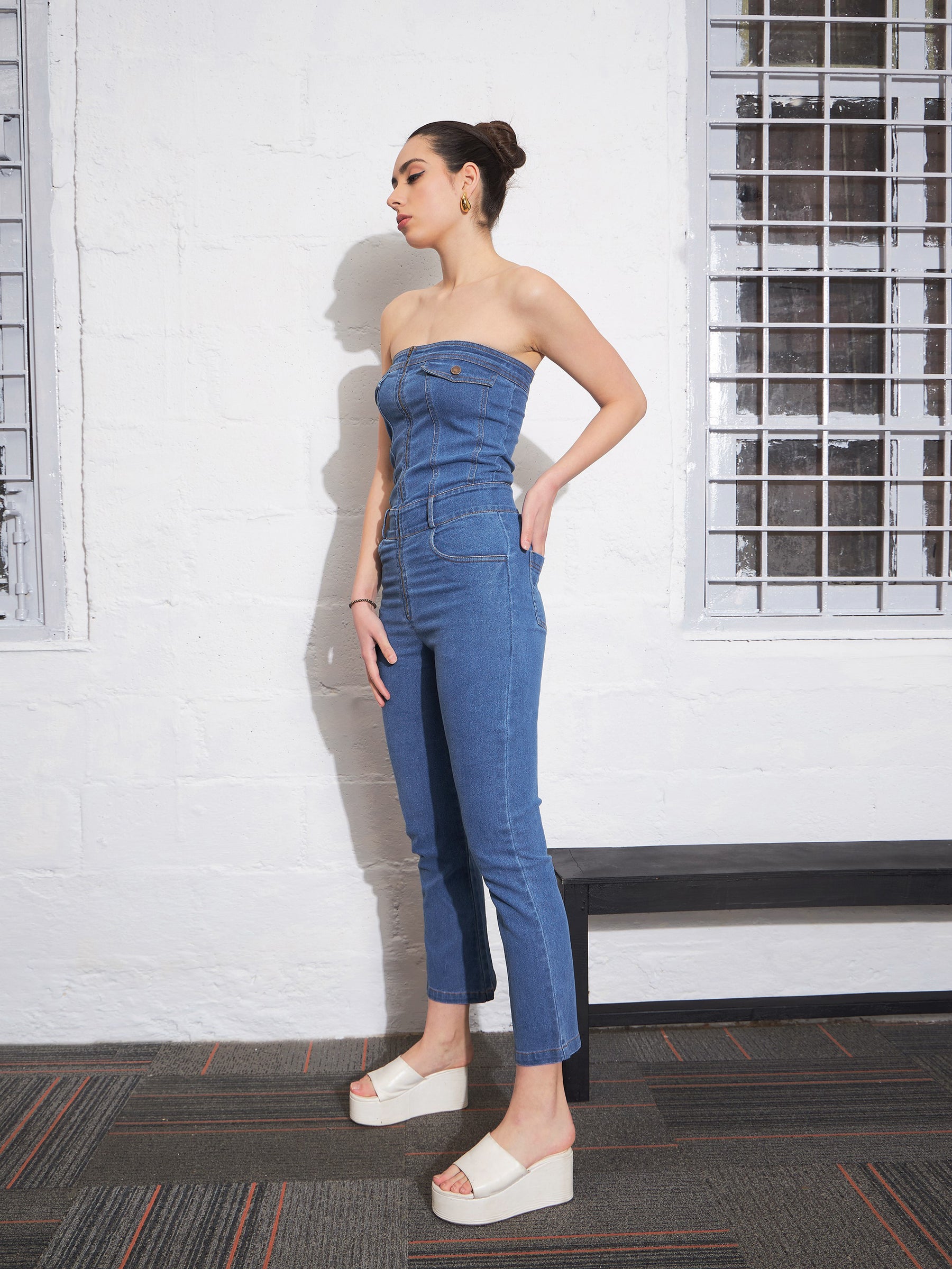 Women Blue Denim Corset Jumpsuit