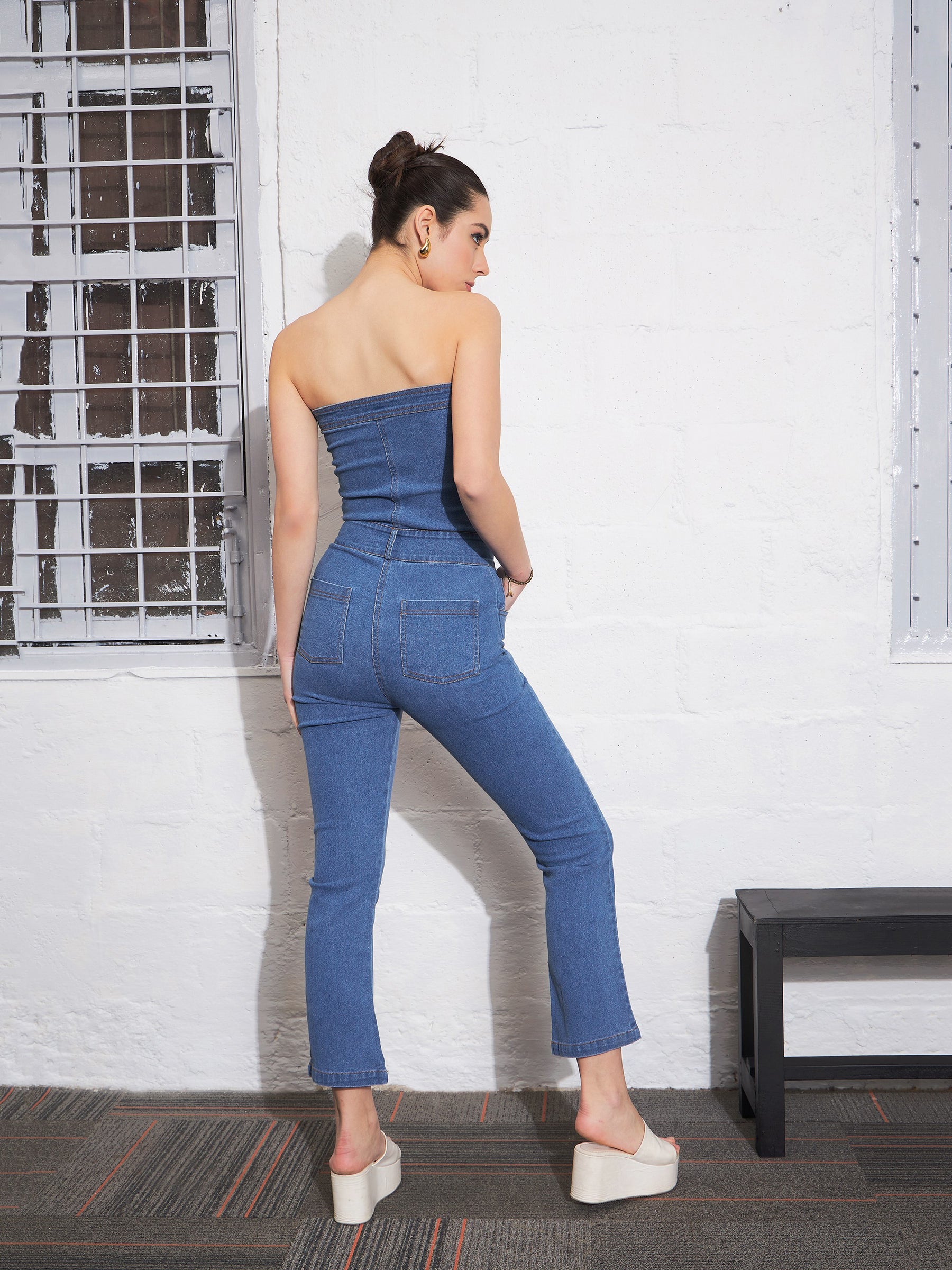 Women Blue Denim Corset Jumpsuit