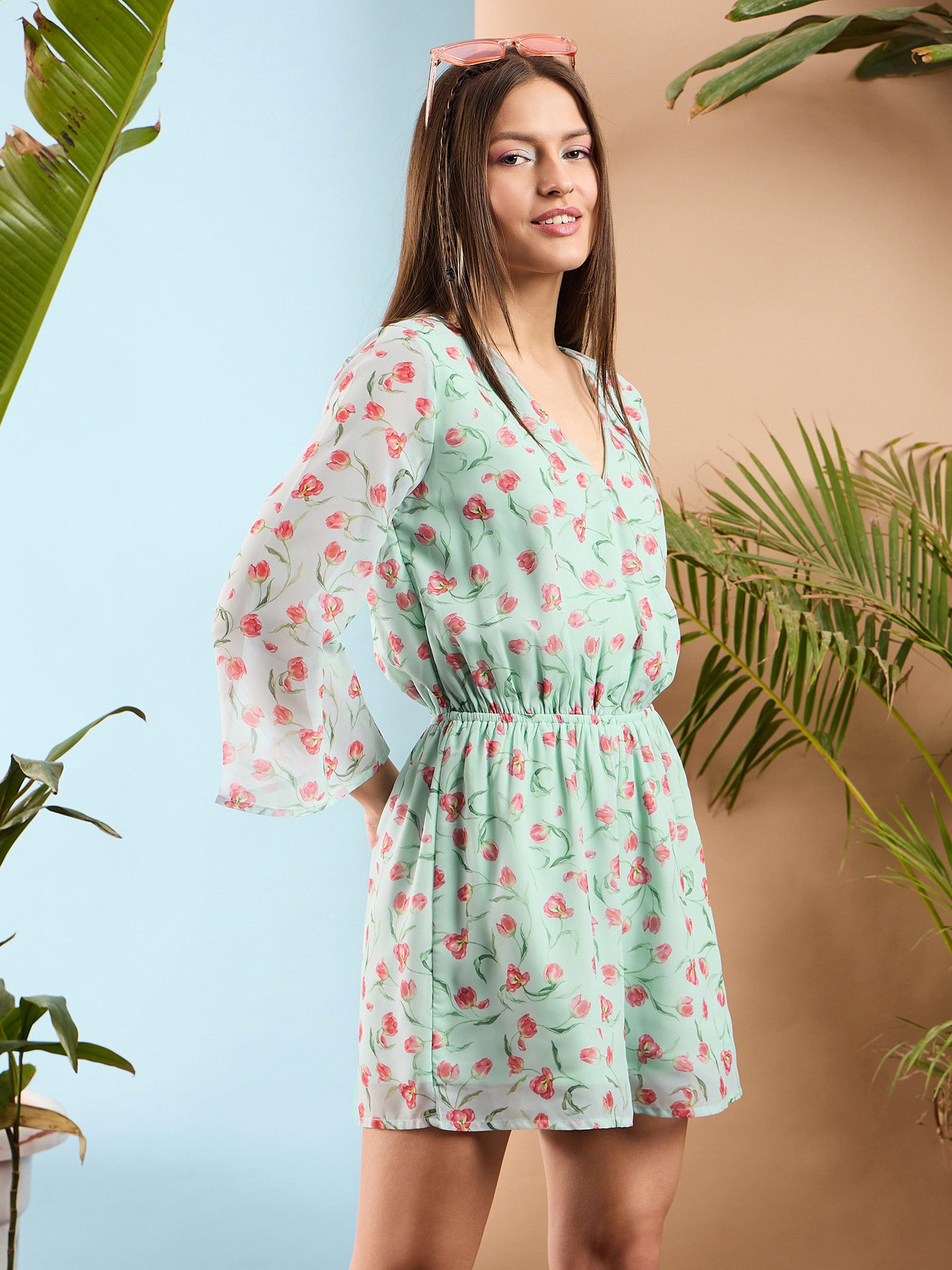 Sea Green Floral Wrap Romper-SASSAFRAS