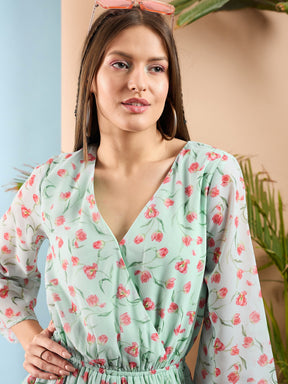 Sea Green Floral Wrap Romper-SASSAFRAS