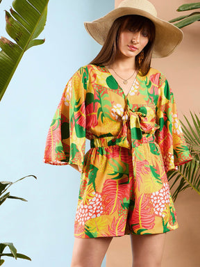 Yellow Floral Front Tie Knot Playsuit-SASSAFRAS