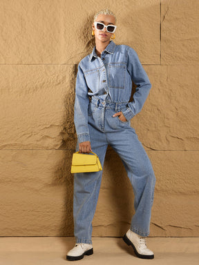 Ice Blue Denim Full Sleeve Jumpsuit-SASSAFRAS