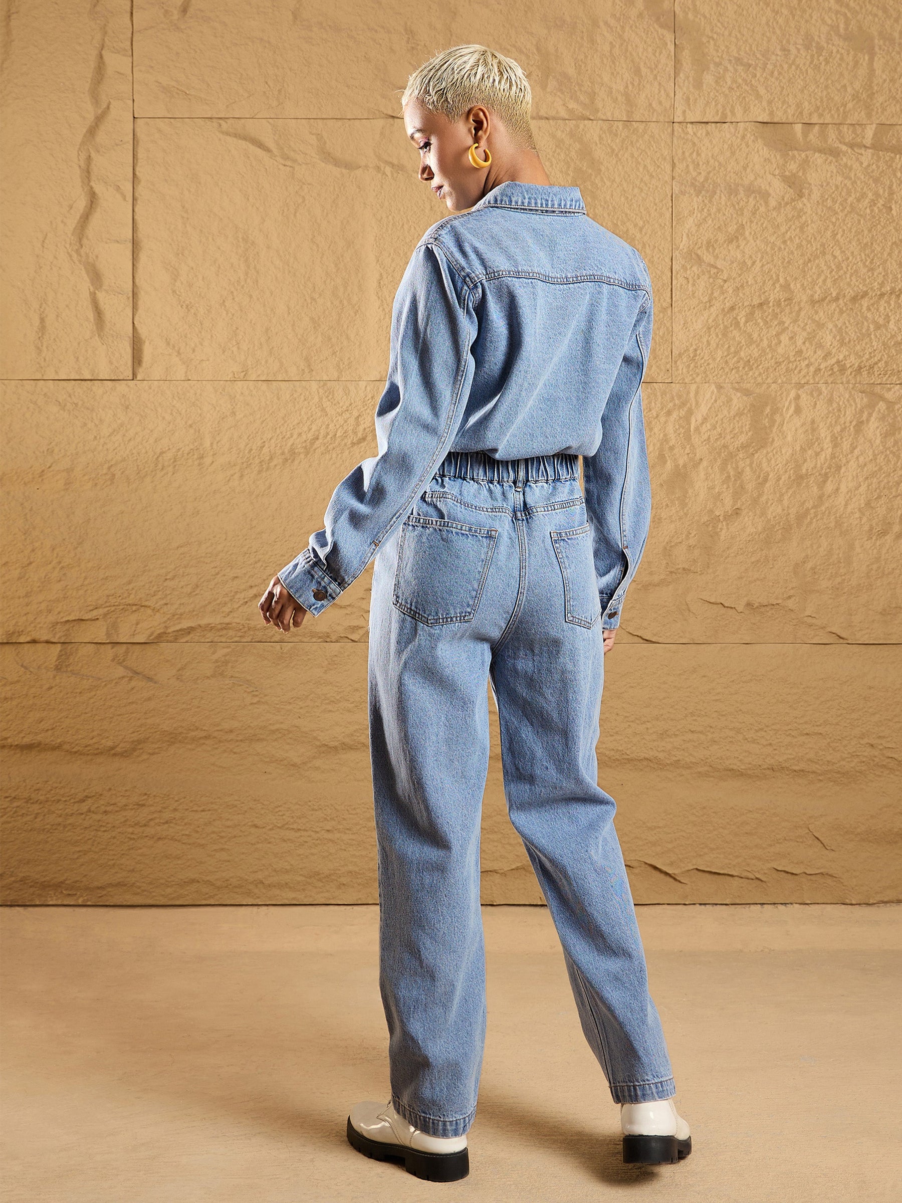 Ice Blue Denim Full Sleeve Jumpsuit-SASSAFRAS