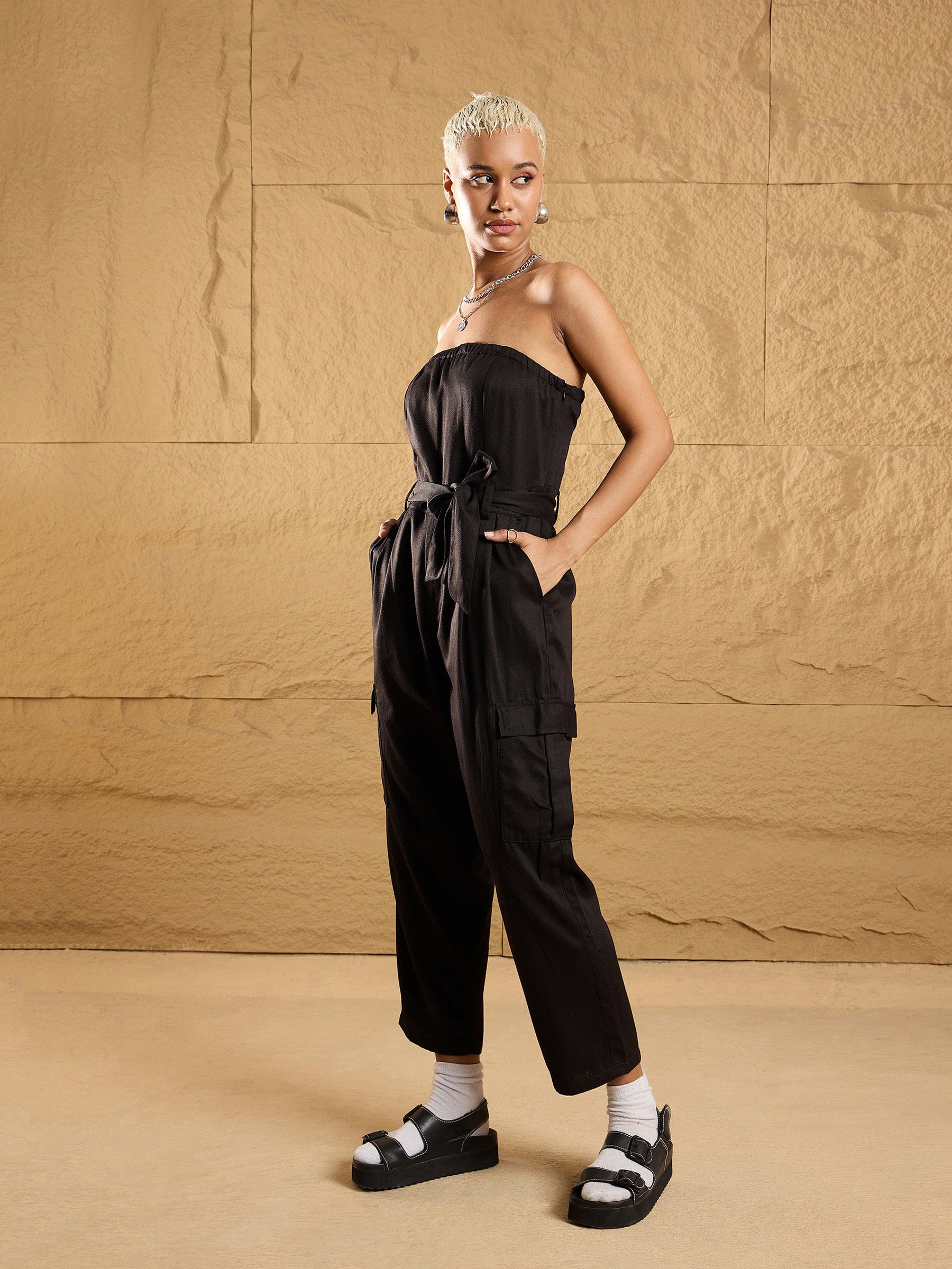 Black Twill Off-Shoulder Jumpsuit -SASSAFRAS