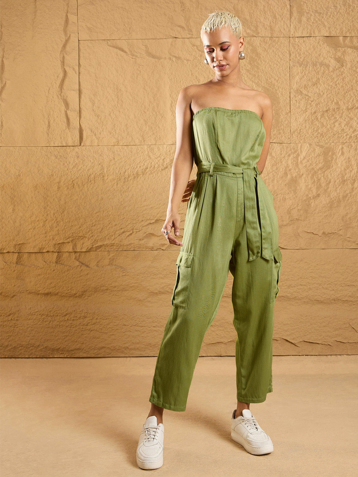 Olive Twill Off-Shoulder Jumpsuit -SASSAFRAS