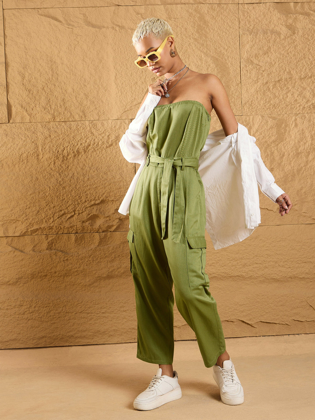 Olive Twill Off-Shoulder Jumpsuit -SASSAFRAS