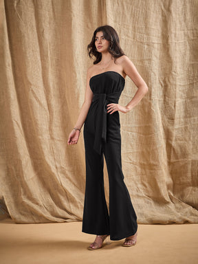 Black Off-Shoulder Belted Jumpsuit -SASSAFRAS