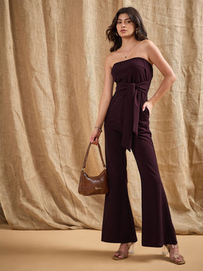 Burgundy Off-Shoulder Belted Jumpsuit -SASSAFRAS