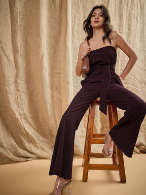 Burgundy Off-Shoulder Belted Jumpsuit -SASSAFRAS