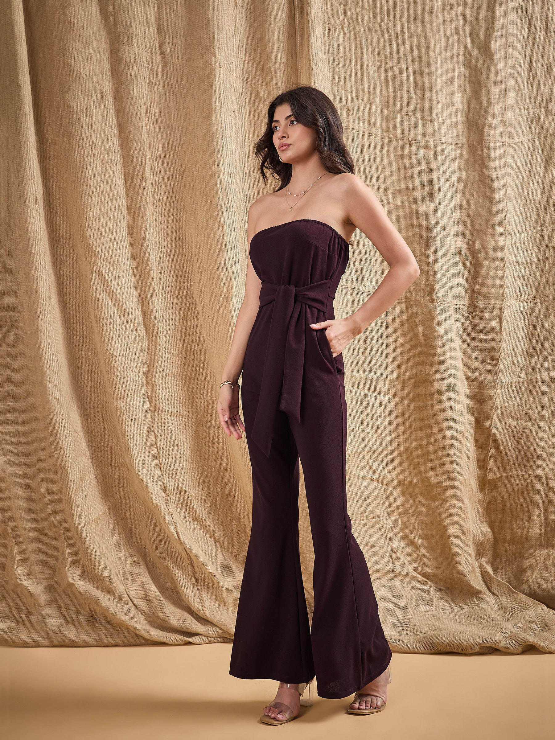 Burgundy Off-Shoulder Belted Jumpsuit -SASSAFRAS