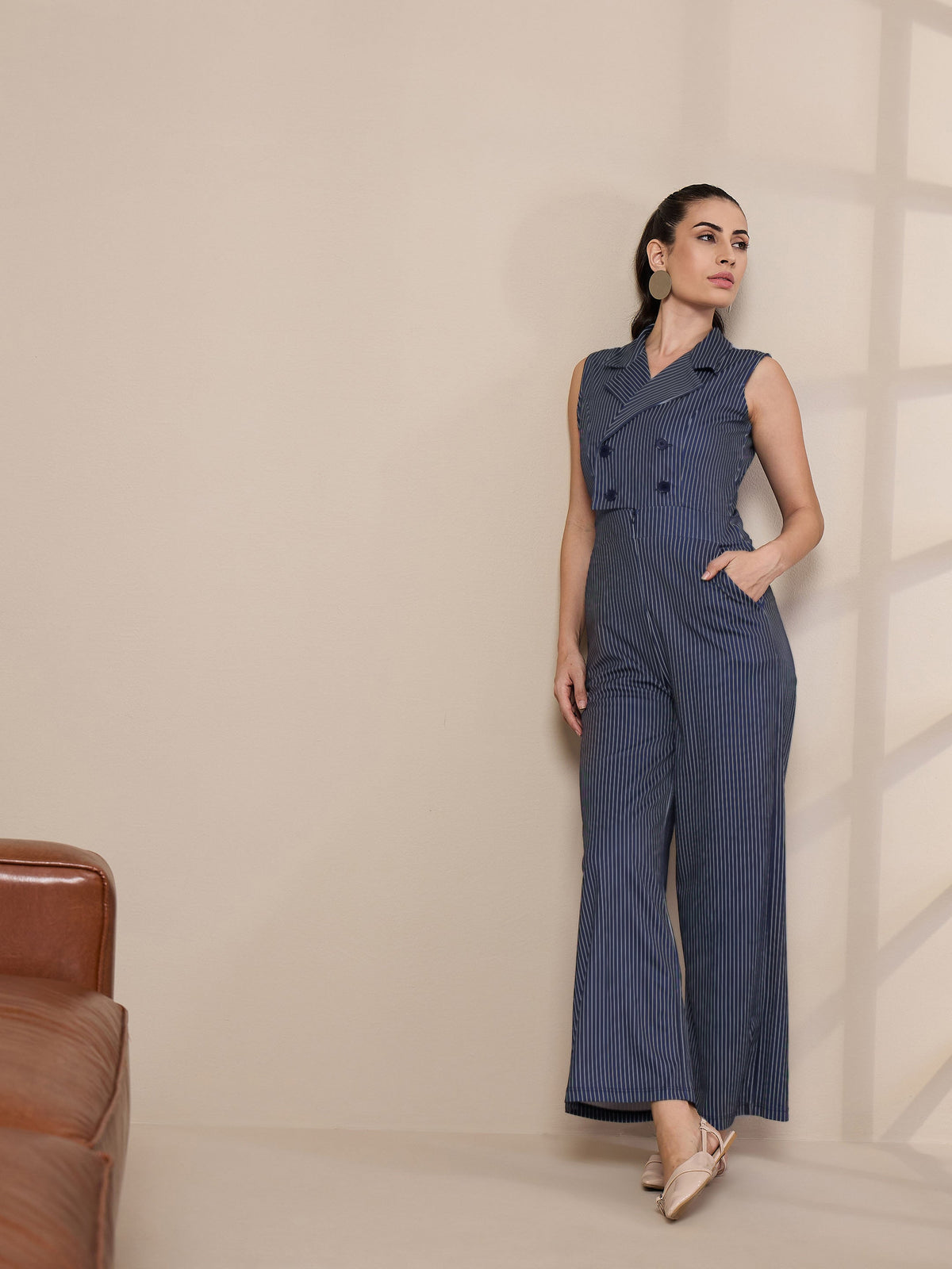 Navy Striped Notch Collar Jumpsuit-SASSAFRAS worklyf