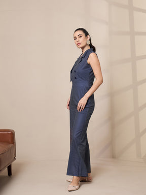 Navy Striped Notch Collar Jumpsuit-SASSAFRAS worklyf